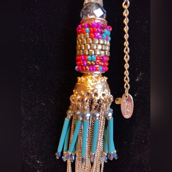 JULES Multicolored seed beads teal pink purple gold tassel Dangle 30" necklace - Picture 3 of 8